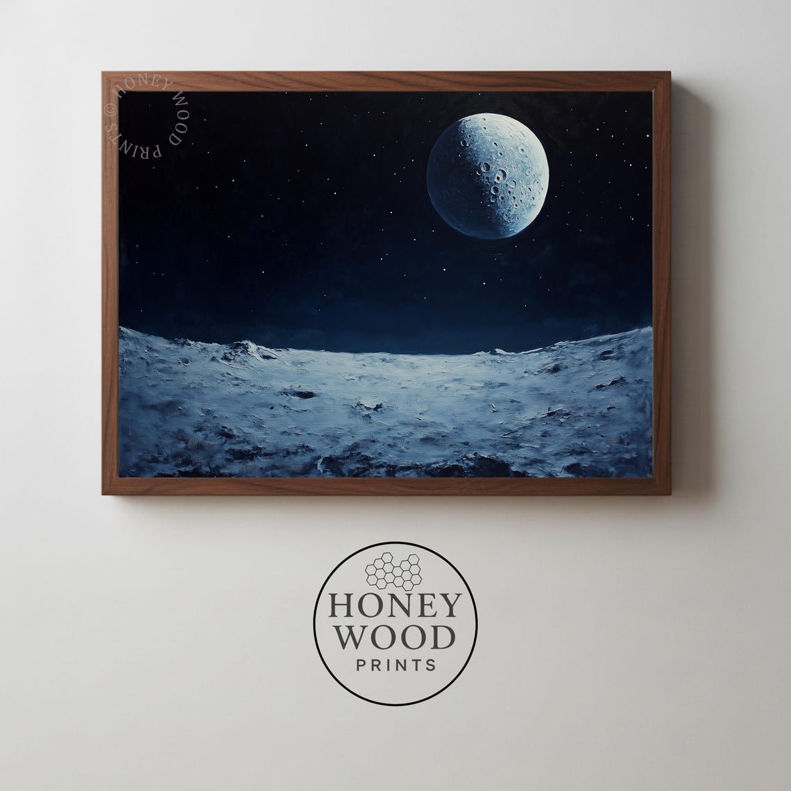 Moody Lunar Surface Wall Art Retro Scifi Moon Painting Cinematic Night Sky Textured Craters Cosmic 99