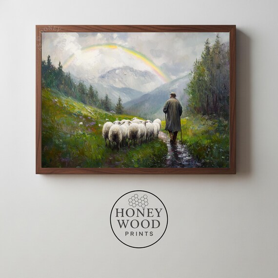 Moody Shepherd And Sheep In Rainy Mountain Valley Rustic Pastoral Art Misty Peaks Impressionistic Scene Countryside Decor 158
