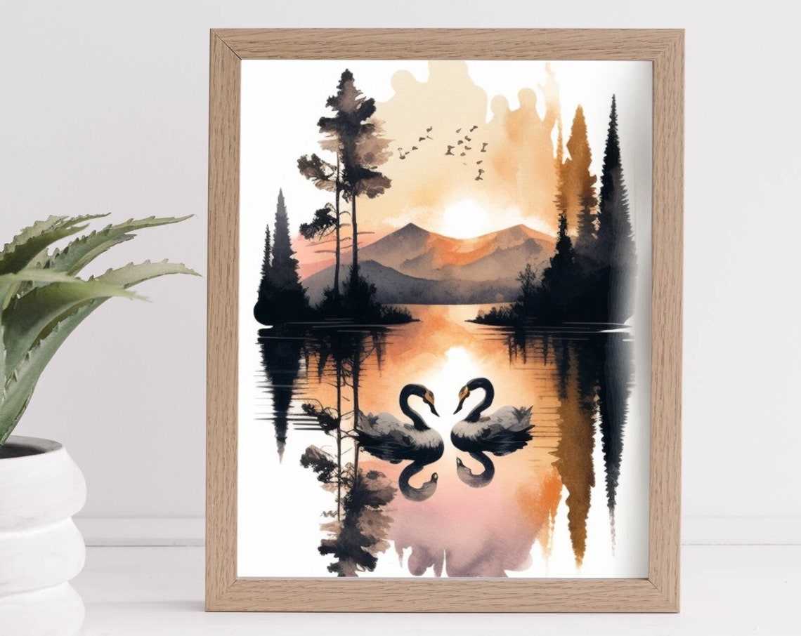 Two Swans at Sunset on a Mountain Lake Watercolor Nature Poster - Image 3
