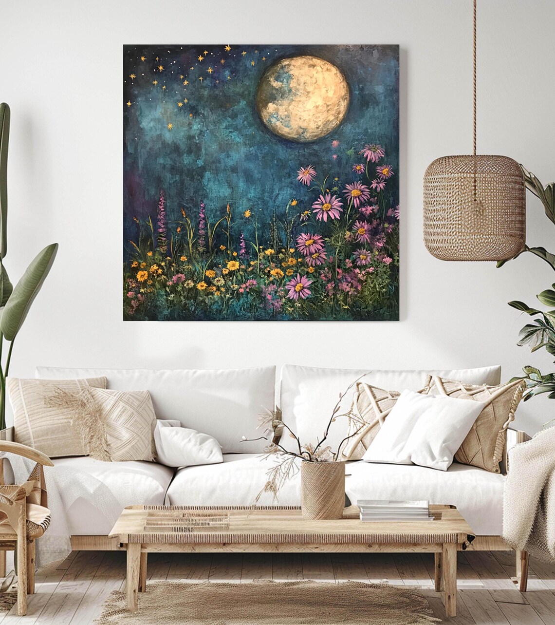 Dreamy Wildflowers, Mystical Moon And Stars Boho Art - Image 2