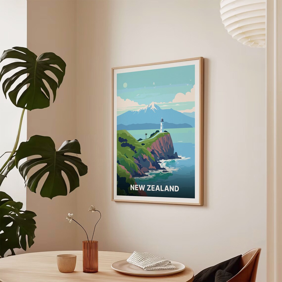 New Zealand Lighthouse Cliff Coast Snowy Mountain Travel Poster - Image 2