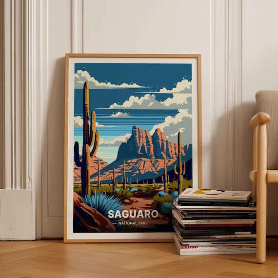 Saguaro National Park Arizona Desert Cactus Red Rock Vintage Travel Poster