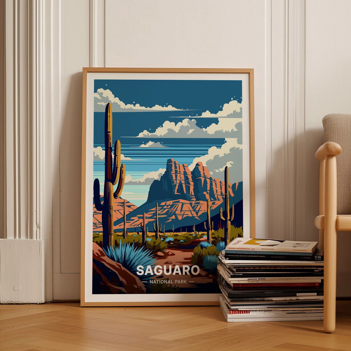 Saguaro National Park Arizona Desert Cactus Red Rock Vintage Travel Poster