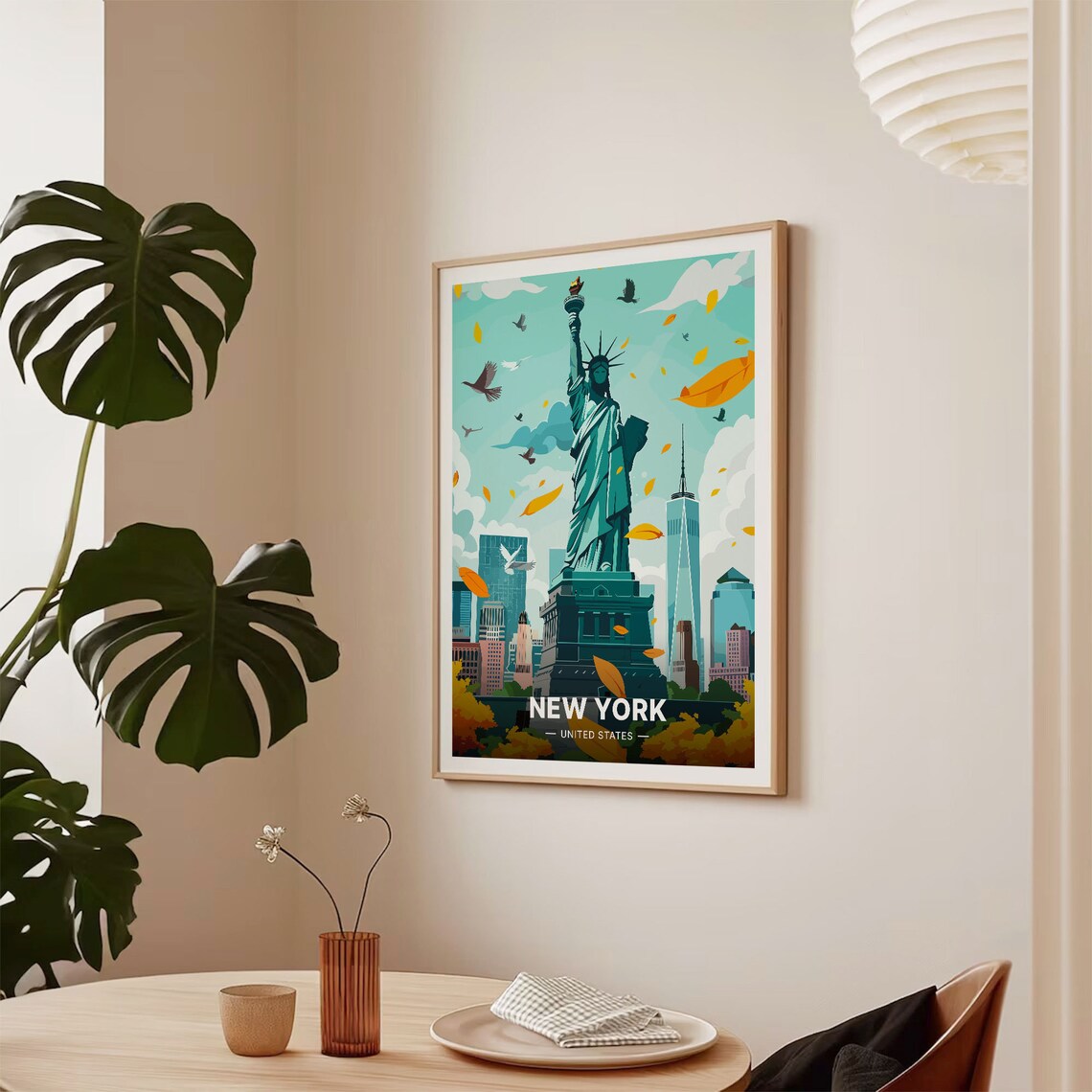 New York Statue of Liberty Vintage Travel Poster Autumn Skyline Art - Image 2