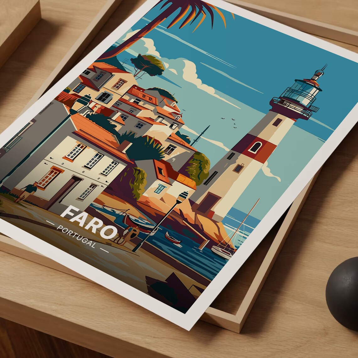 Faro Portugal Lighthouse Harbor Town Vintage Algarve Travel Poster - Image 3