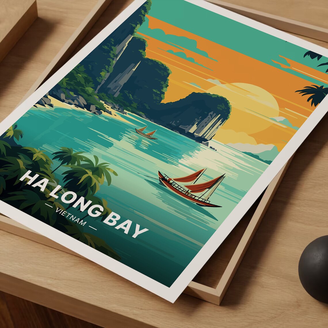 Ha Long Bay Vietnam Limestone Karsts Junk Boats Sunset Travel Poster - Image 3