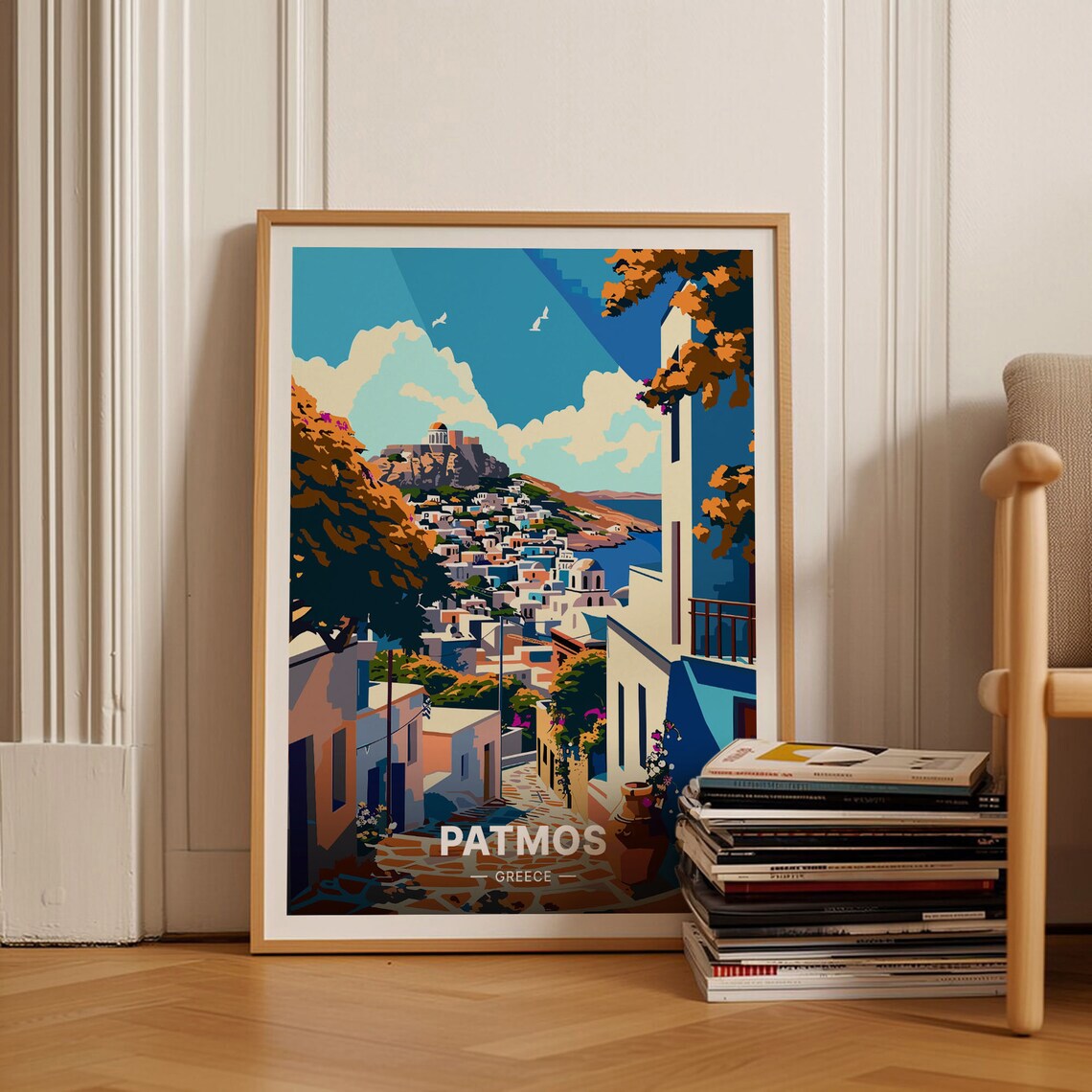 Patmos Greece Greek Island Village Illustrated Vintage Travel Poster