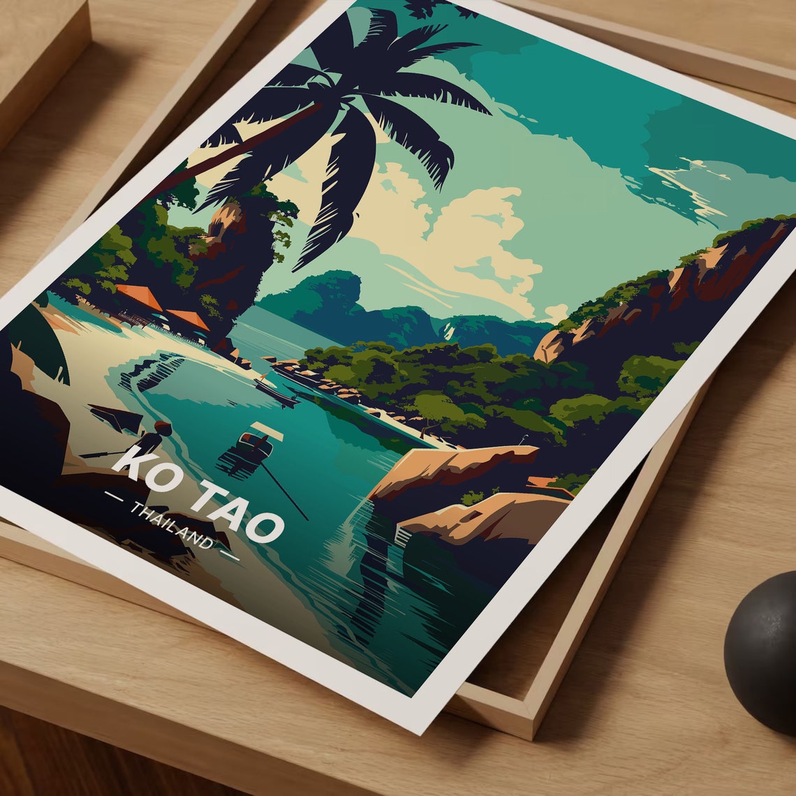Ko Tao Thailand Travel Poster Tropical Cove Longtail Boat Beach Art - Image 3