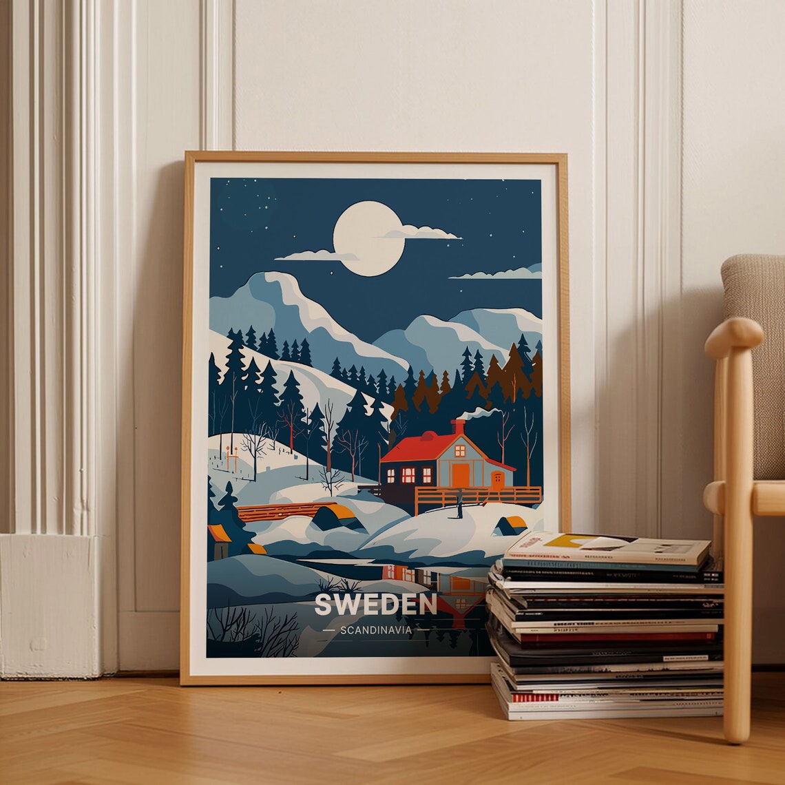 Sweden Scandinavia Snowy Cabin Moonlit Night Winter Travel Poster