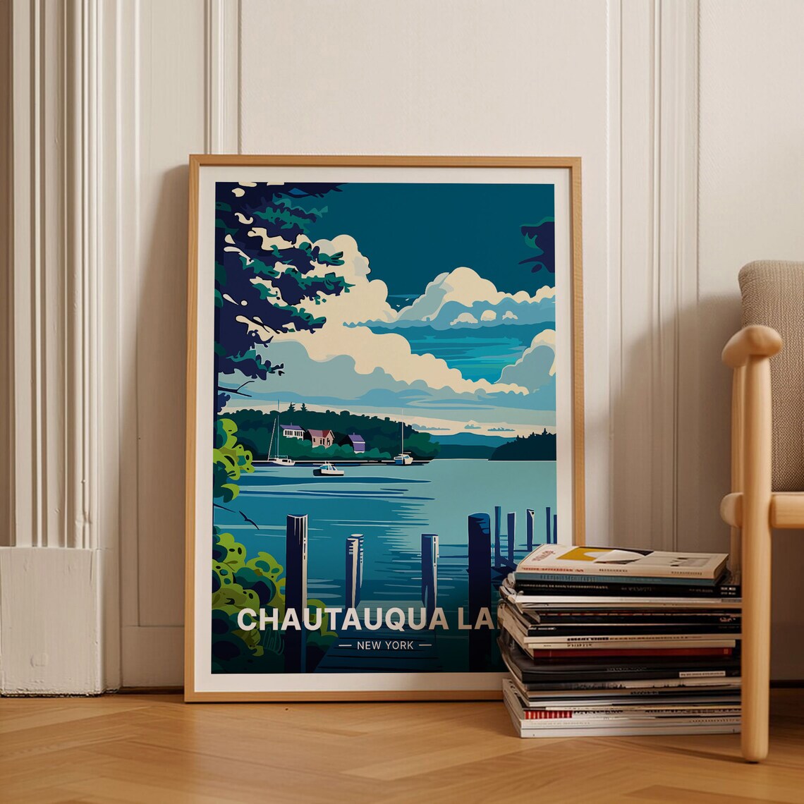 Chautauqua Lake New York Sailboats and Piers Vintage Travel Poster