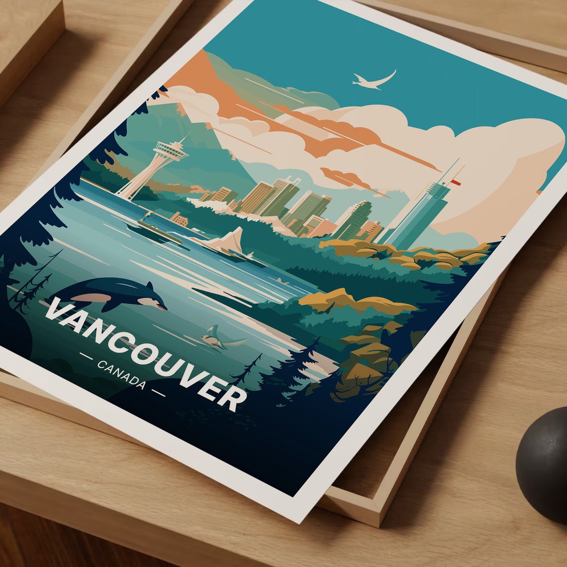 Vancouver Canada Harbor Mountains Orca Whale Scene Travel Poster - Image 3