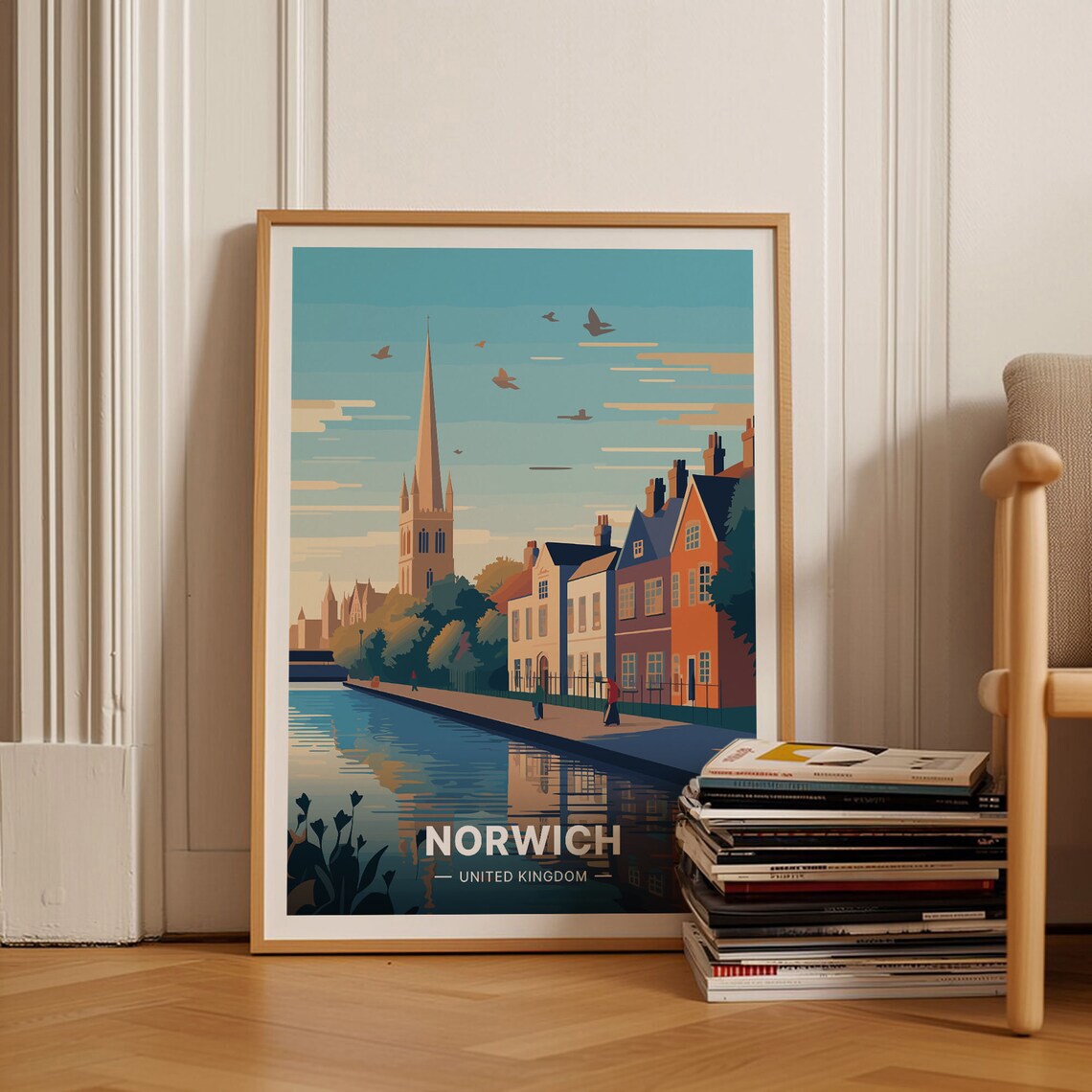 Norwich UK Cathedral Spire River Riverside Houses Travel Poster