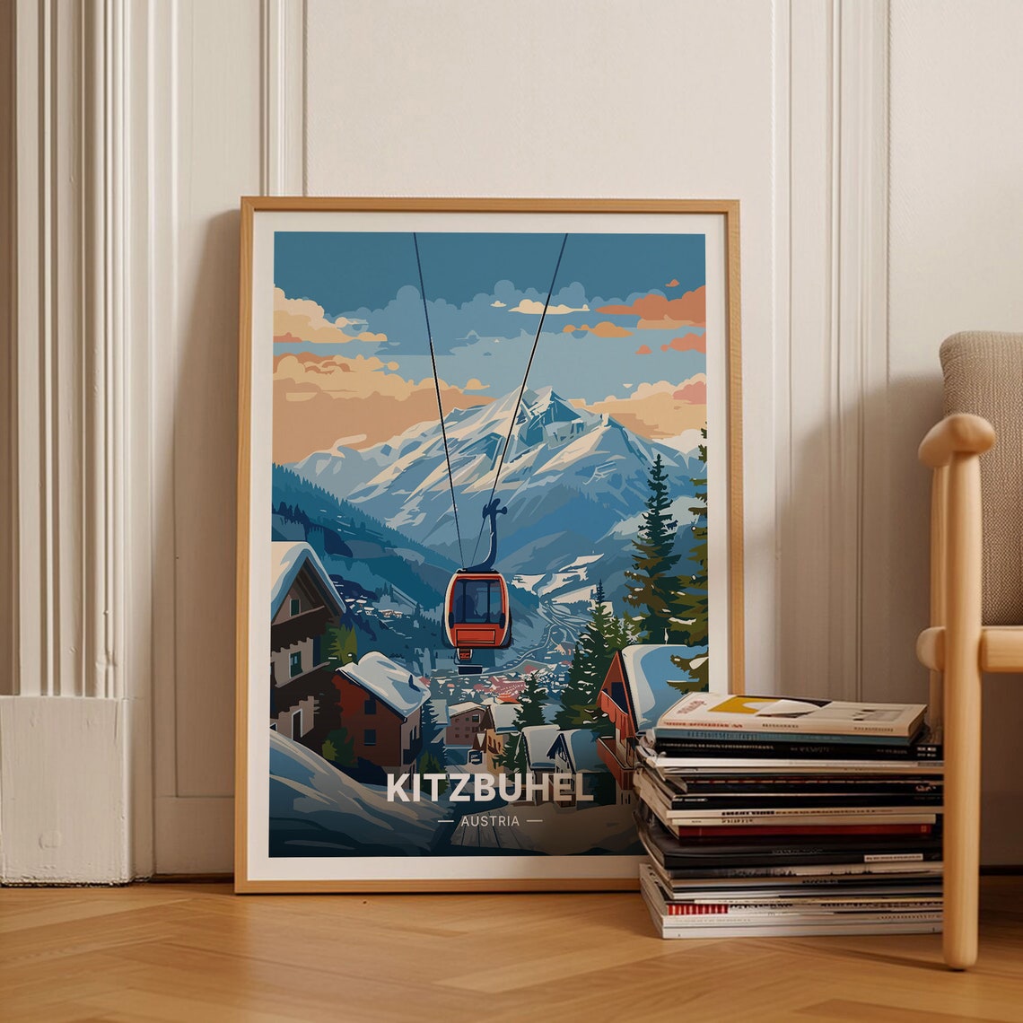Kitzbuhel Austria Poster Gondola Snowy Village Ski Resort Art