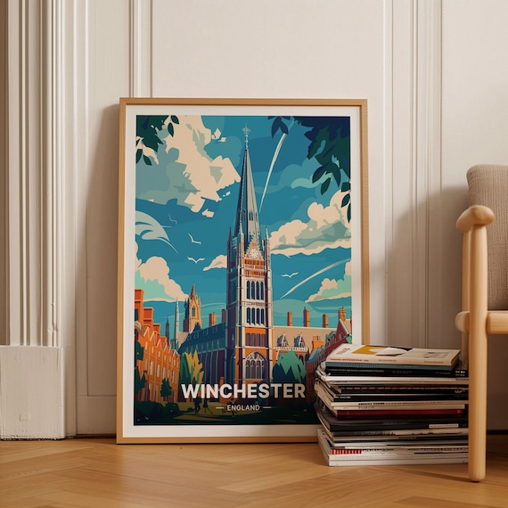 Winchester England Travel Poster Cathedral Tower Historic City Art