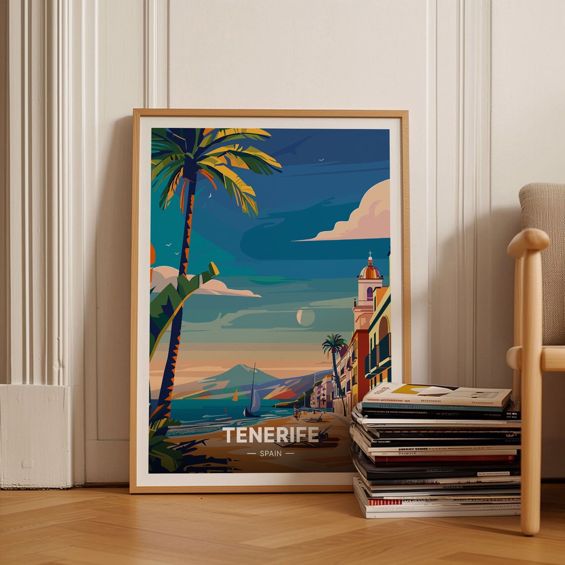 Tenerife Spain Poster Beach Palm Trees Mount Teide Sunset Art