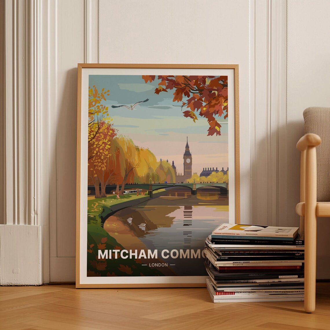 Mitcham Common London Autumn River Swans Big Ben Bridge Poster