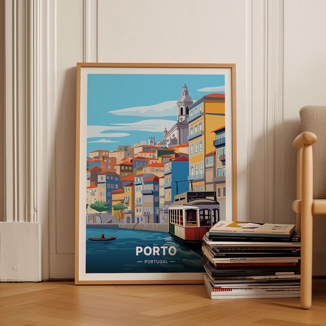 Porto Portugal Riverside Tram Colorful Houses Douro Travel Poster