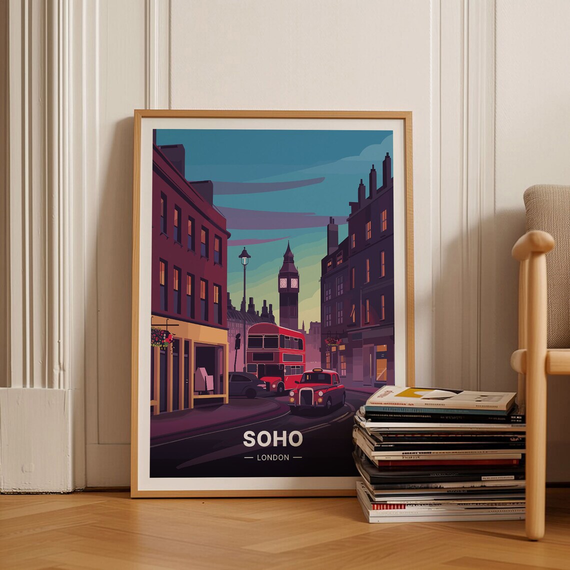Soho London Travel Poster Red Bus Big Ben Evening Street Art