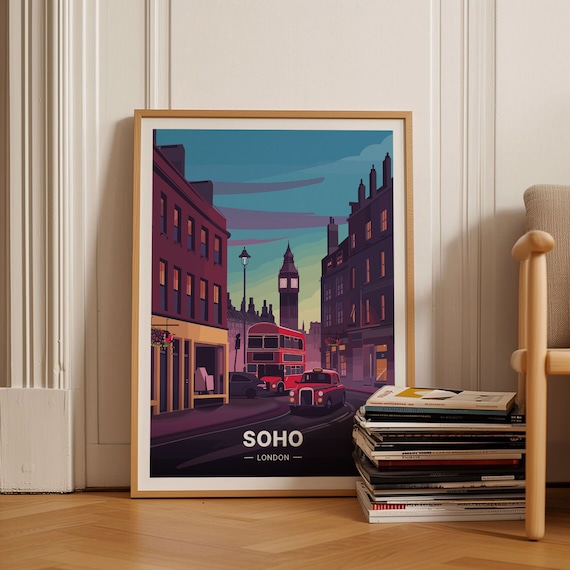Soho London Travel Poster Red Bus Big Ben Evening Street Art