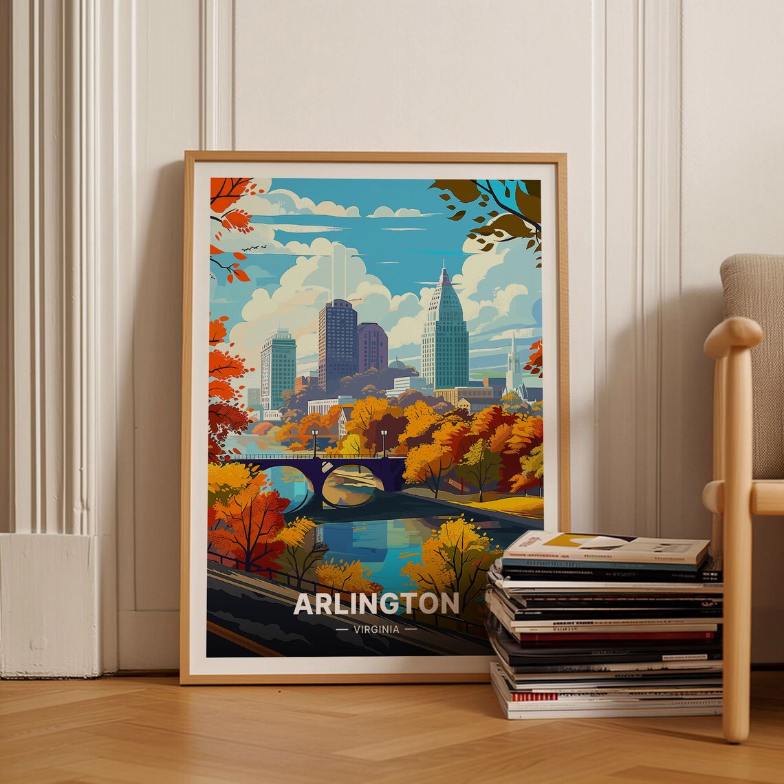 Arlington Virginia Autumn City Skyline River Vintage Travel Poster