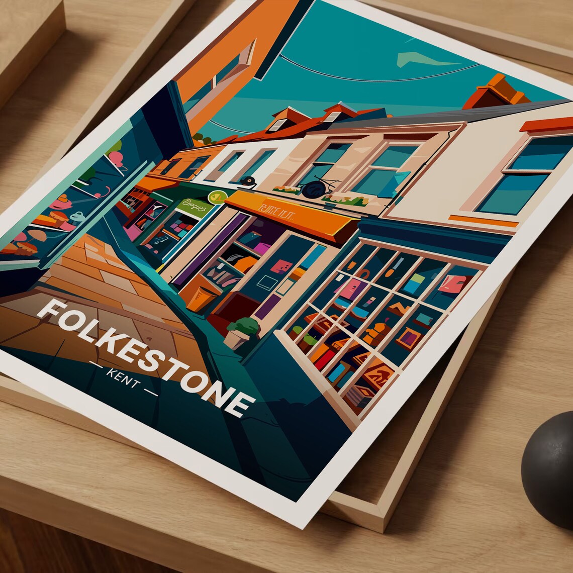 Folkestone Kent Colorful Shopping Street Illustrated Travel Poster - Image 3