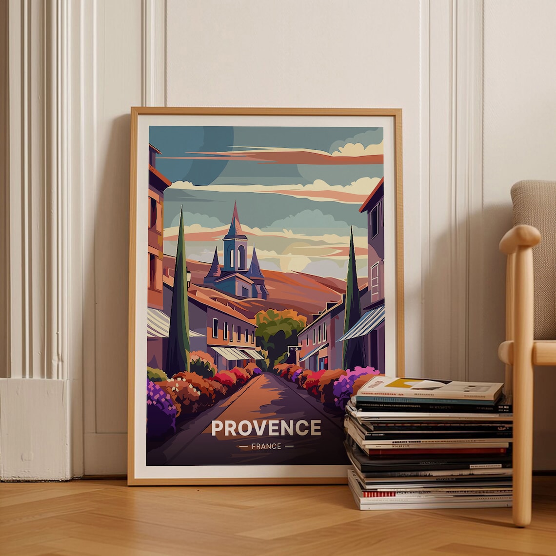 Provence France Village Street Church Cypress Sunset Travel Poster Art