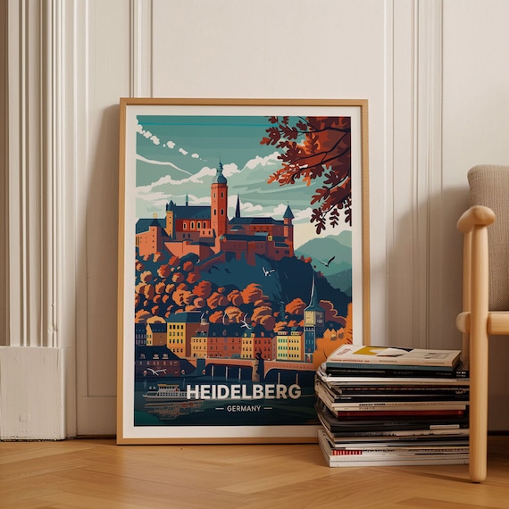 Heidelberg Germany Travel Poster Castle Hill Old Town Bridge Art