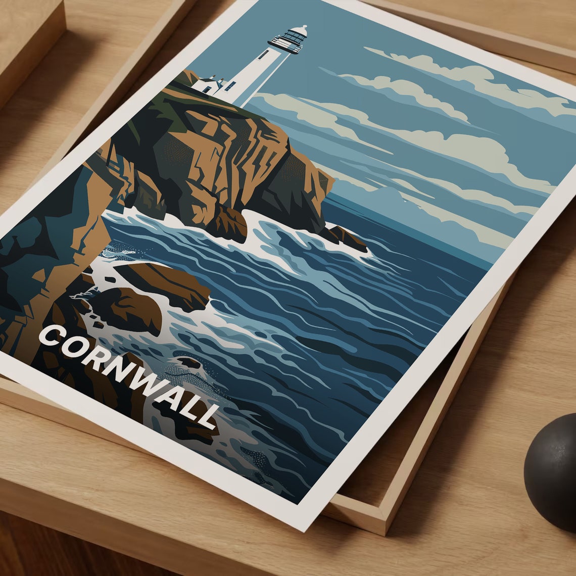Cornwall Lighthouse Rocky Cliffs Crashing Waves Vintage Travel Poster - Image 3