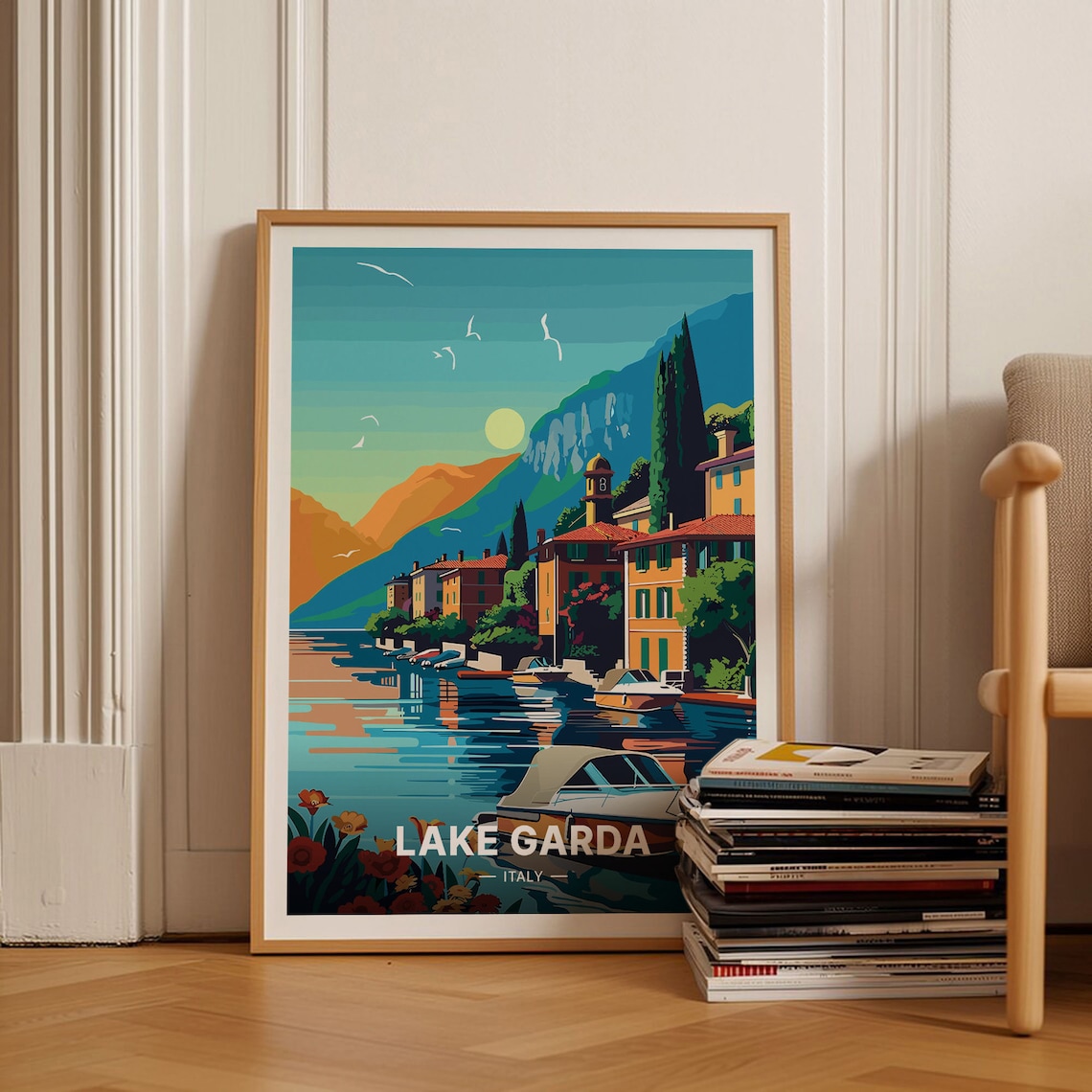 Lake Garda Italy Lakeside Town Sunset Boats Vintage Travel Poster