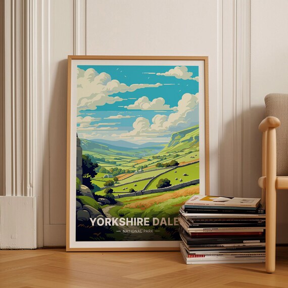 Yorkshire Dales National Park Travel Poster Green Valley Clouds Art