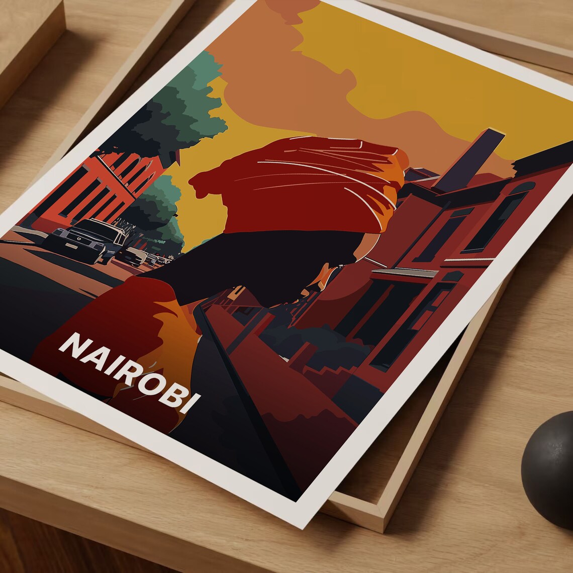 Nairobi Kenya Travel Poster City Street Sunset Silhouette Woman Art - Image 3