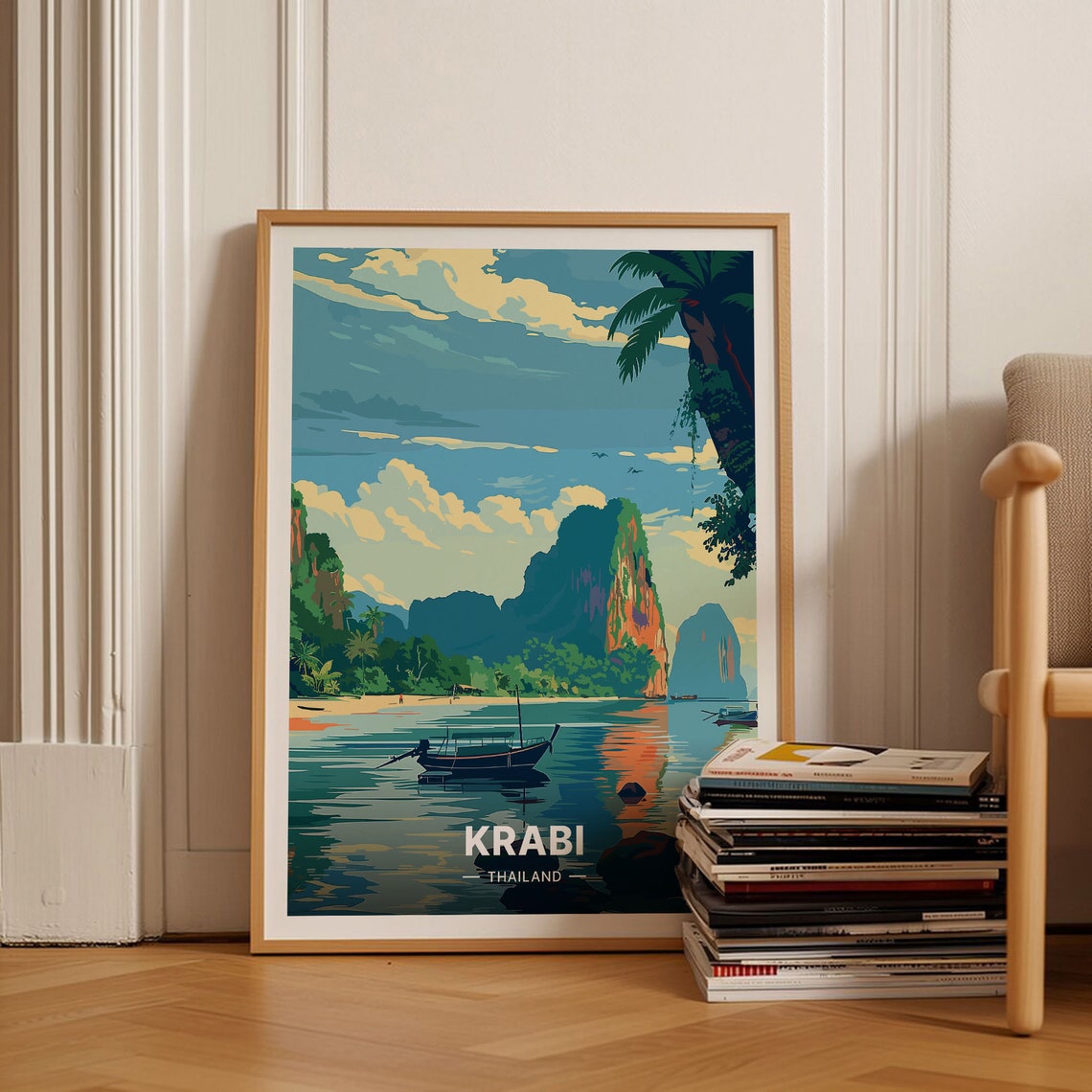 Krabi Thailand Limestone Cliffs Beach Sunset Vintage Travel Poster