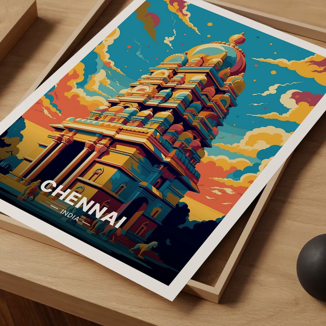 Chennai India Colorful Hindu Temple Gopuram Sunset Travel Poster Art - Image 3