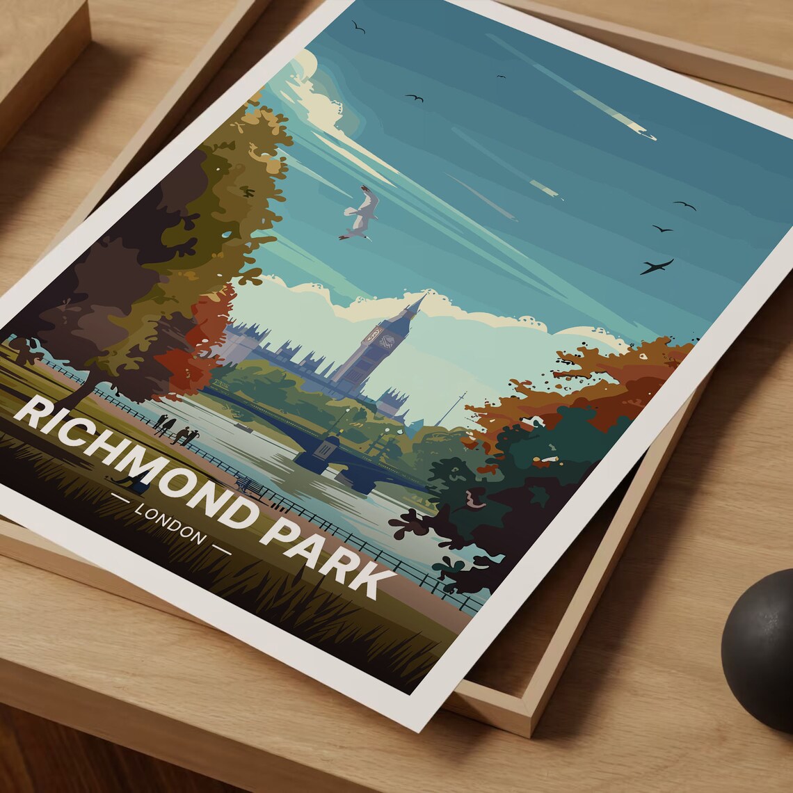 Richmond Park London Riverside Big Ben Bridge Vintage Travel Poster - Image 3