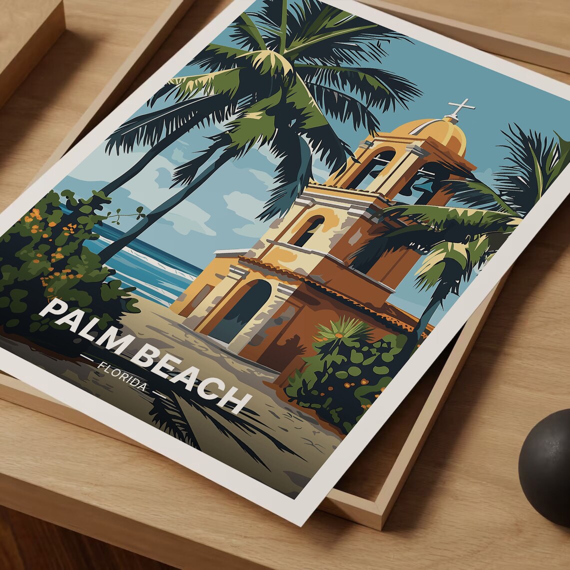 Palm Beach Florida Travel Poster Spanish Mission Tower Palm Trees Art - Image 3