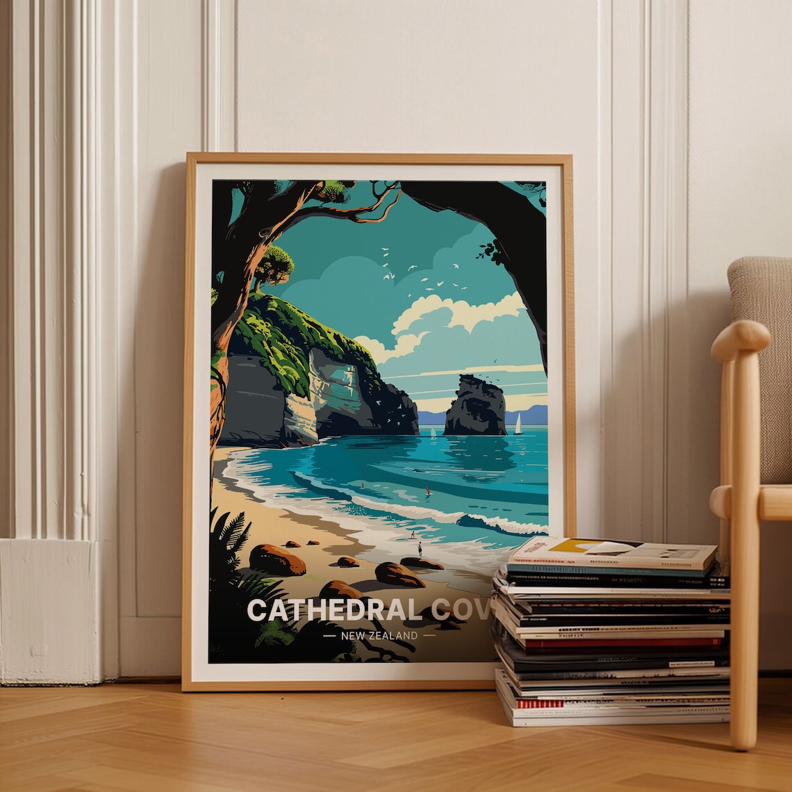 Cathedral Cove New Zealand Sea Arch Beach Coastal Travel Poster Art