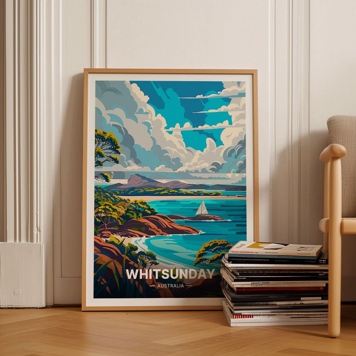 Whitsunday Australia Island Bay Sailboat Clouds Travel Poster
