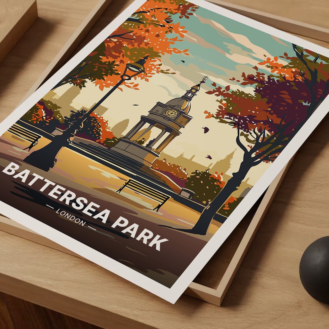 Battersea Park London Travel Poster Autumn Clock Tower Pavilion Art - Image 3