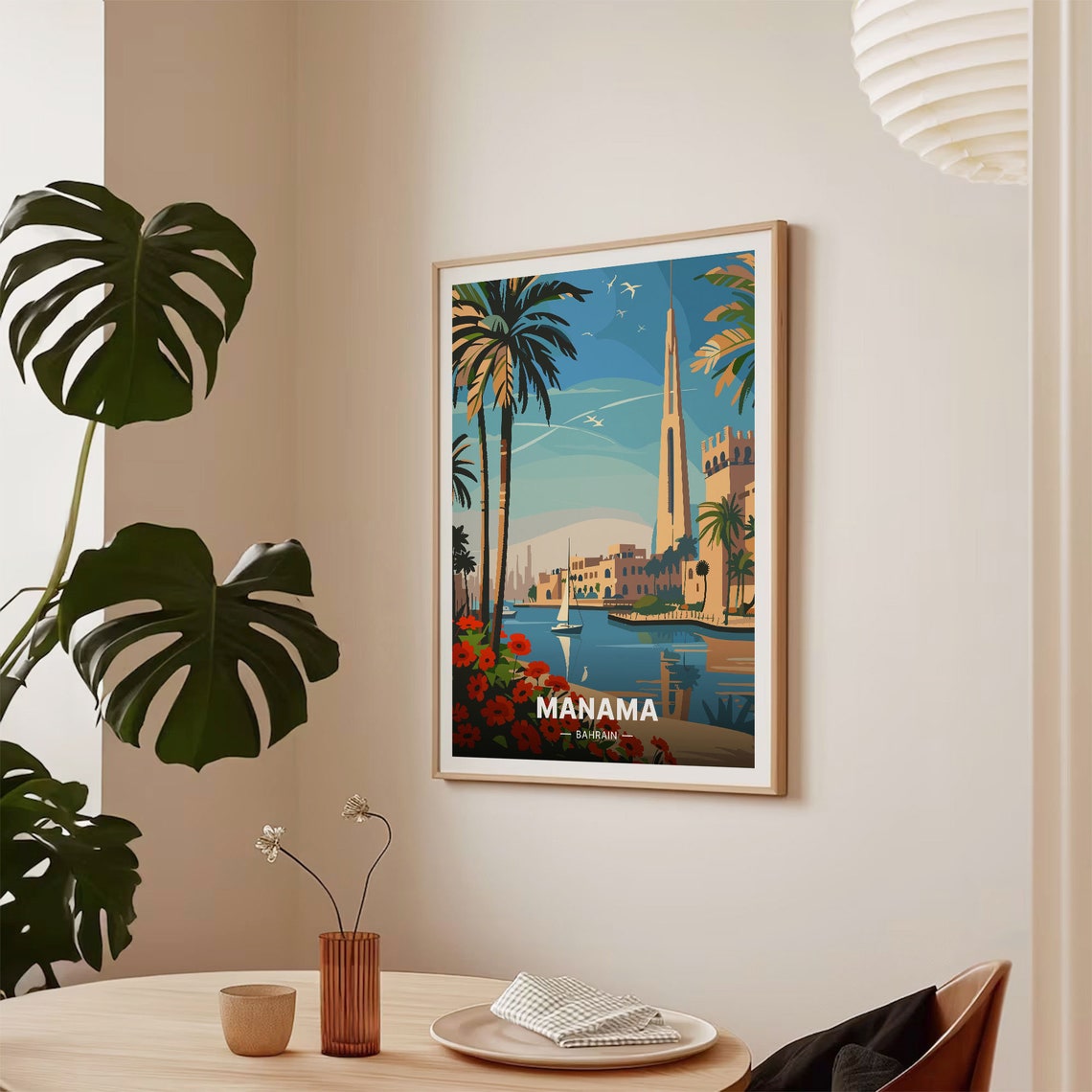 Manama Bahrain Harbor Palm Skyline Mosque Sailboats Travel Poster - Image 2