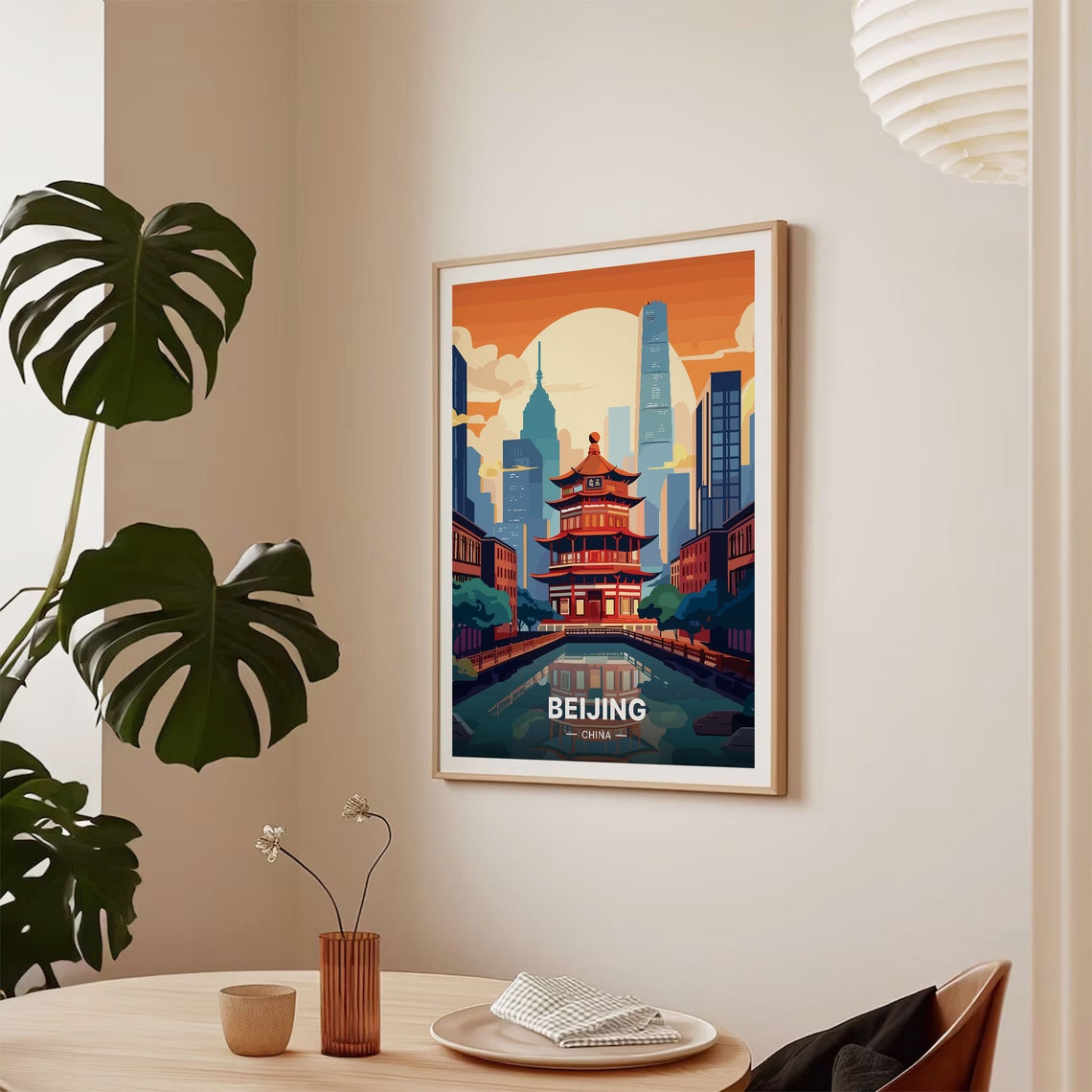 Beijing Pagoda Temple Old City Skyline Sunset Retro Travel Poster - Image 2