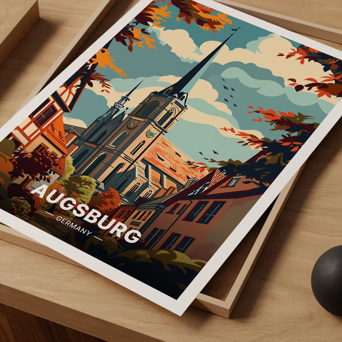 Augsburg Germany Church Spire Half Timbered Old Town Autumn Poster - Image 3