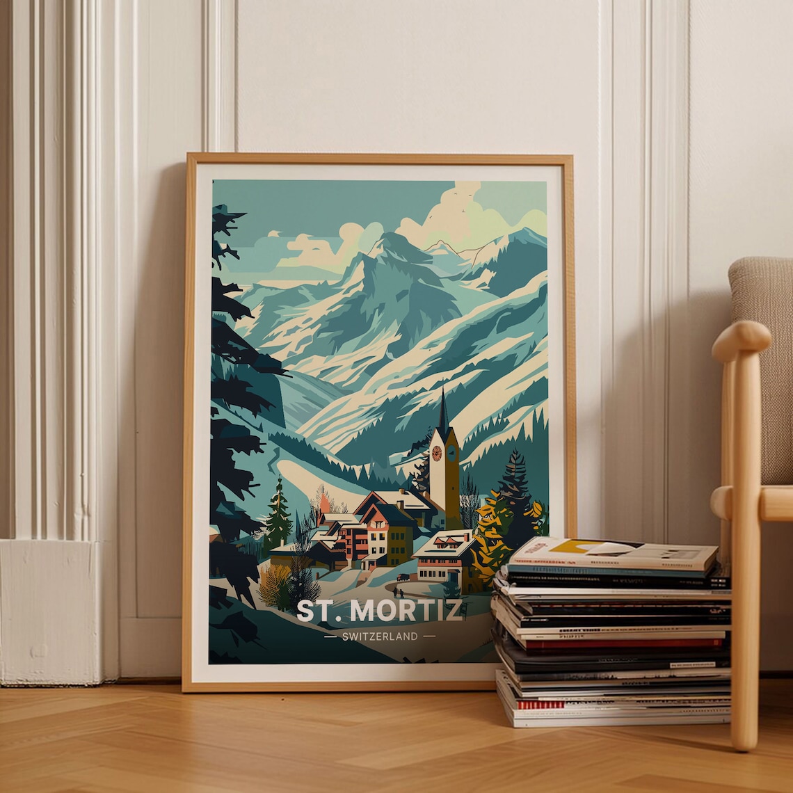 St Moritz Switzerland Poster Alpine Village Snowy Peaks Resort Art