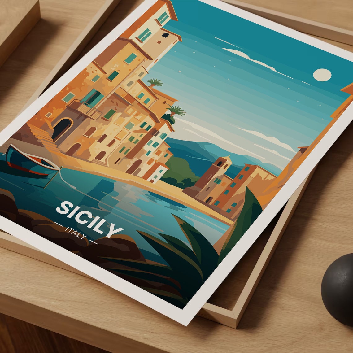 Sicily Italy Coastal Town Rowboat Moonlight Harbor Travel Poster - Image 3