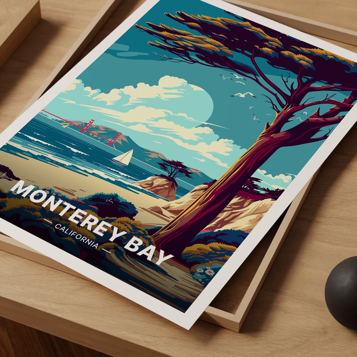 Monterey Bay California Cypress Coast Sailboat Sunset Travel Poster - Image 3