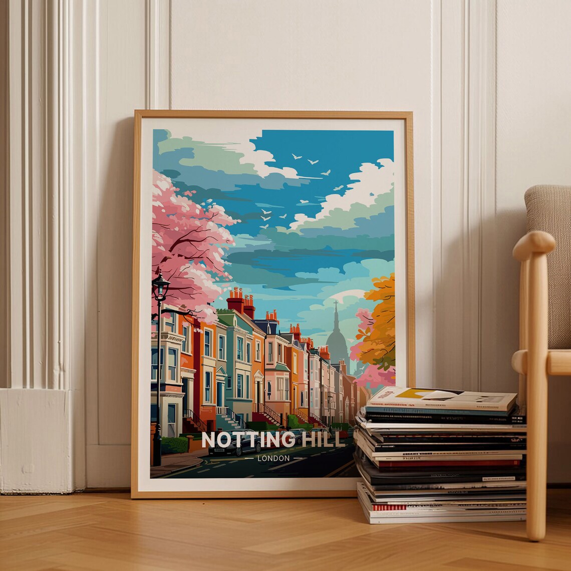Notting Hill London Travel Poster, England Cityscape