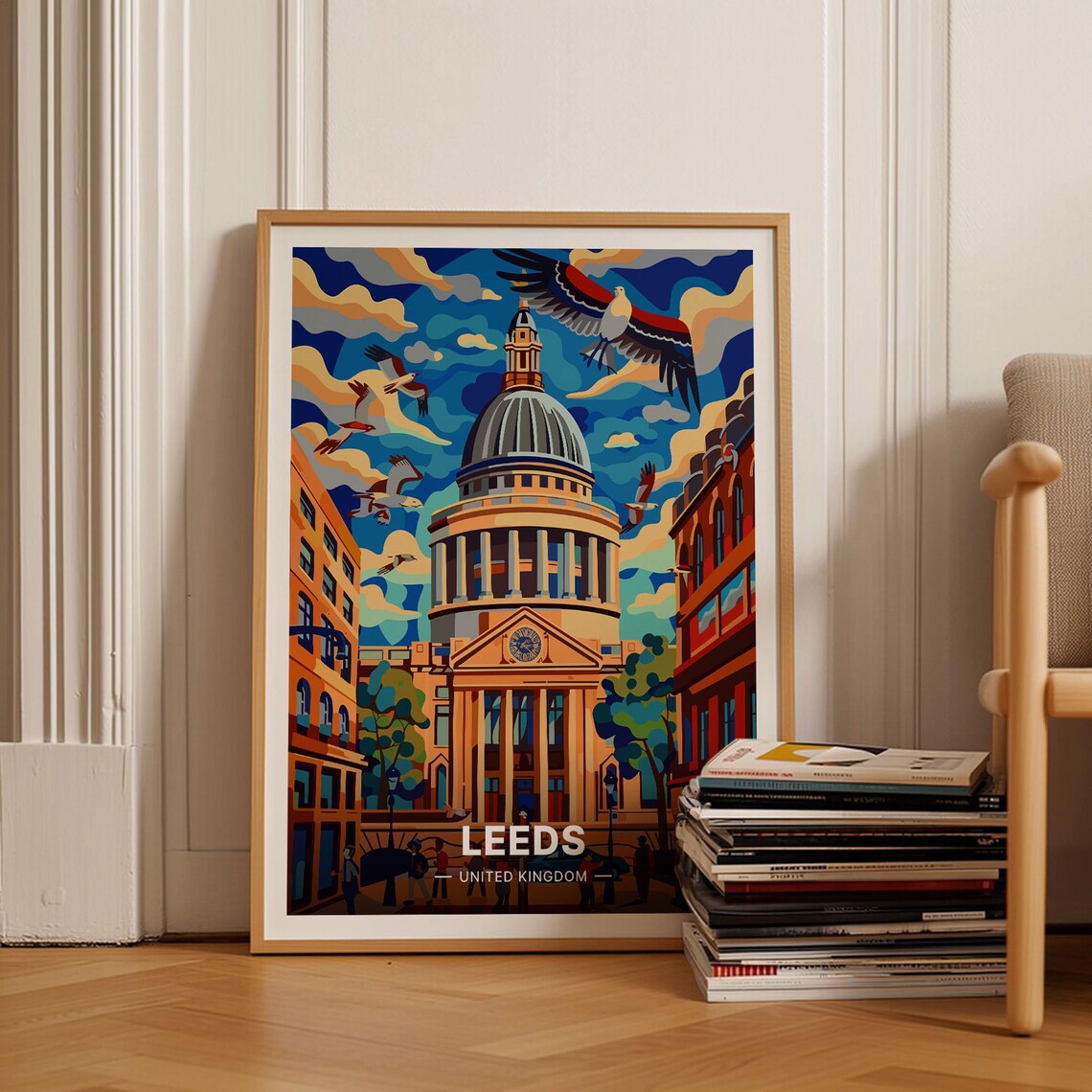 Leeds United Kingdom Domed Civic Hall Birds Vintage Travel Poster Art