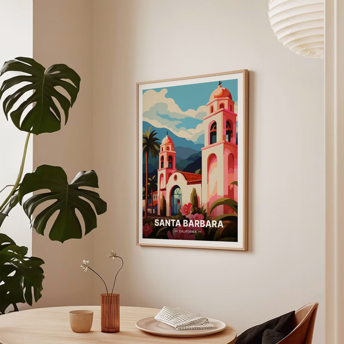 Santa Barbara California Mission Bell Tower Palm Vintage Travel Poster - Image 2