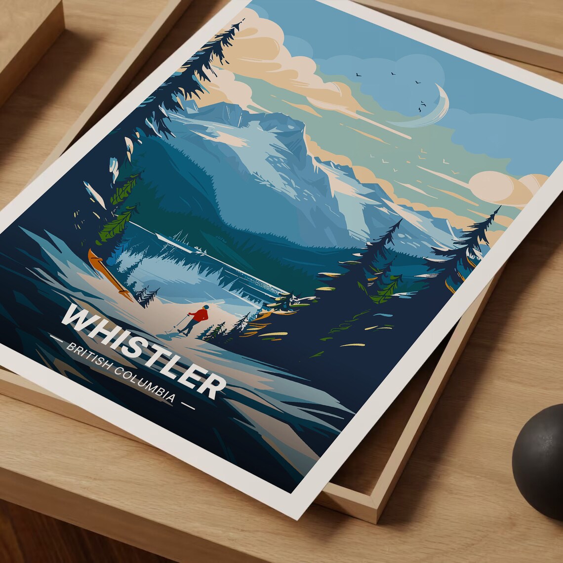 Whistler British Columbia Poster Snowy Peaks Lake Canoe Ski Art - Image 3