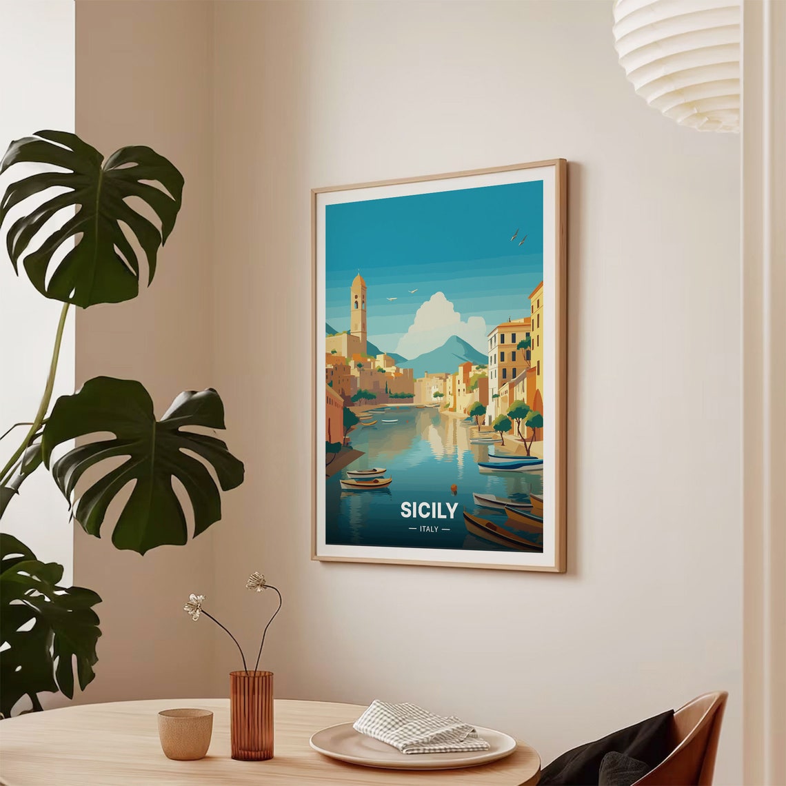 Sicily Italy Harbor Town Canal Boats Church Tower Travel Poster Art - Image 2