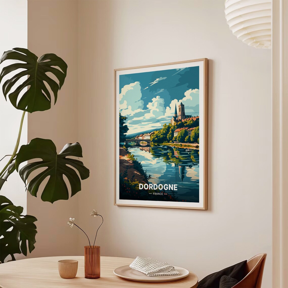 Dordogne France River Town Church Bridge Reflection Travel Poster - Image 2